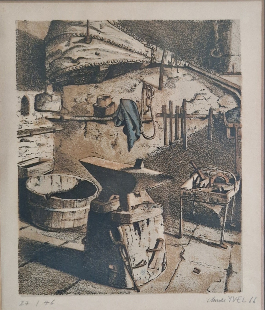 Claude Yvel Lithograph - 'The Blacksmith's Shop'